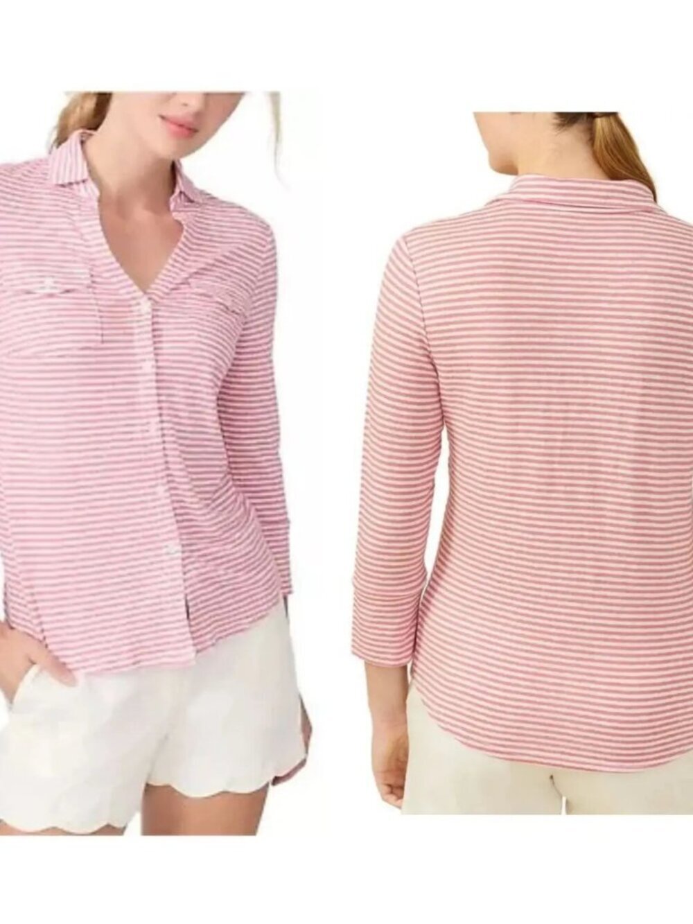 J. McLaughlin Striped Linen Blend Pocket Shirt Coral/White Size S